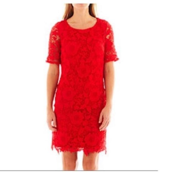 ECI New York Size 8 Crocheted Lace Overlay Sheath Dress Bright Red Above Knee - Picture 1 of 11